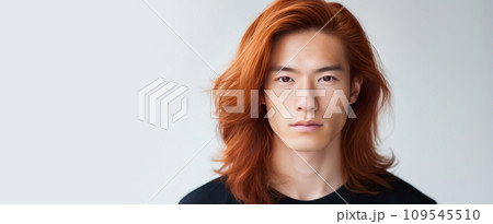 Handsome young male guy smile Asian with long red hair, on white background, banner 109545510