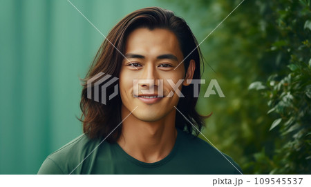 Elegant handsome smiling young Asian man with long hair, light green, banner, copy space, portrait. Elegant handsome smiling young Asian man with long hair, light green, banner, copy space, portrait. 109545537