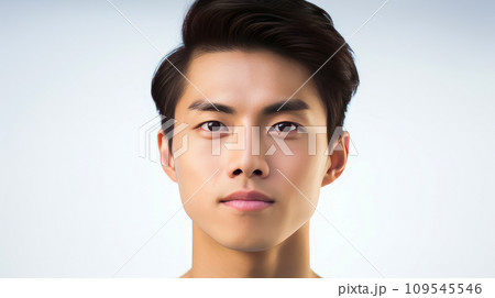 Elegant handsome young male guy Asian, on white background, banner, copy space, portrait. 109545546
