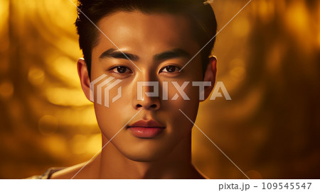 Elegant handsome young male guy Asian, on golden background, banner, copy space, portrait. 109545547