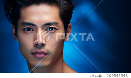 Elegant handsome young male guy Asian, on a dark blue background, banner, copy space, portrait. 109545548