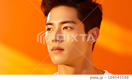 Elegant handsome young male guy Asian, on yellow orange background, banner, copy space, portrait. 109545549