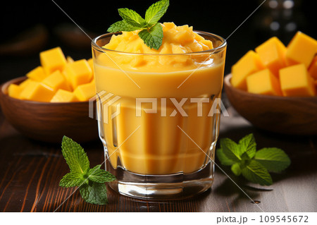 Mango Tango Smoothie on a wooden table in a kitchen background ,photo realistic, AI generated 109545672