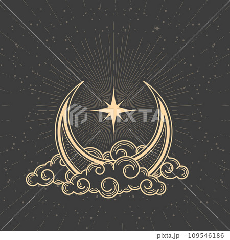Mystic half-moon on clouds and guiding pole star, magic crescent in tarot style  109546186