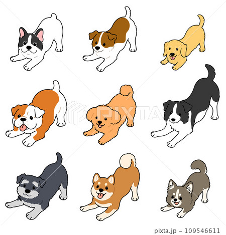 遊びに誘うシンプルで可愛い犬のイラストセット　主線あり 109546611