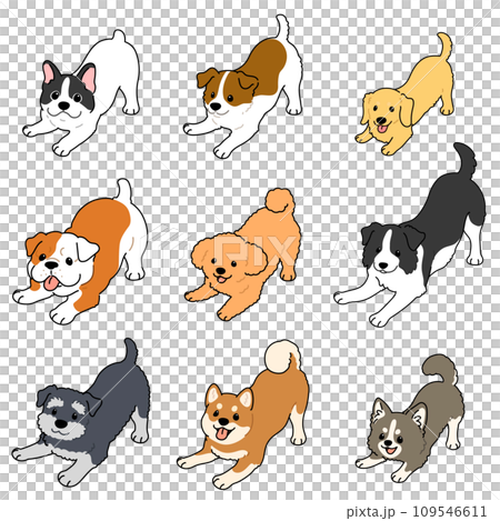 A set of simple and cute dog illustrations that invite you to play, with main lines A set of simple and cute dog illustrations that invite you to play, with main lines 109546611