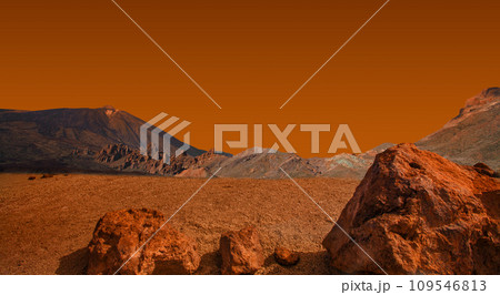Red desert landscape background. Planet with rocky hills, mountains and red sky Red desert landscape background. Planet with rocky hills, mountains and red sky 109546813