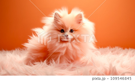 AI-generated content. in peach color, cute little furry dog on the carpet, 2024 Banner 109546845