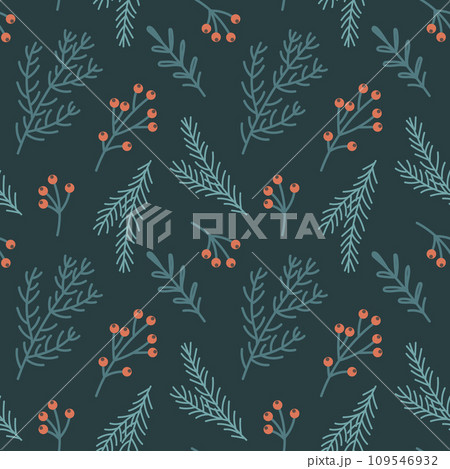 Christmas seamless pattern with Christmas tree branches and holly and rowan berries. New Year's design. Background, print, vector 109546932