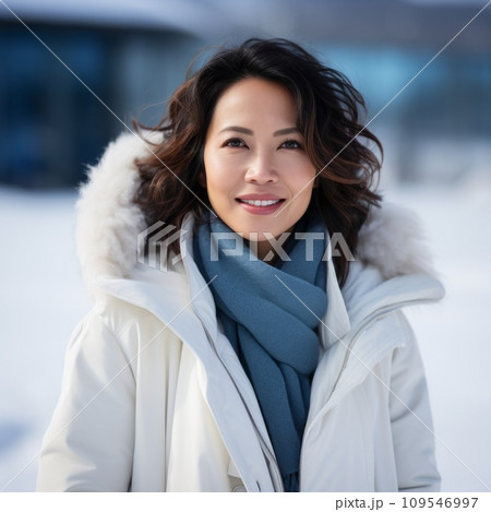 Asian woman in a white winter coat. Portrait of a middle aged woman in a jacket smiling on the background of snowy winter street looking at the camera. Happy Japanese woman wearing warm winter clothes Asian woman in a white winter coat. Portrait of a middle aged woman in a jacket smiling on the background of snowy winter street looking at the camera. Happy Japanese woman wearing warm winter clothes 109546997