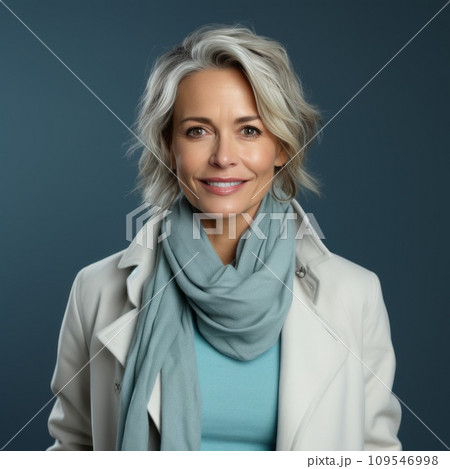 Woman in a white winter coat. Studio portrait of a middle aged woman in a white winter jacket smiling on a blue background looking at the camera. Happy european woman wearing warm winter clothes. 109546998