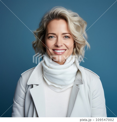 Woman in a white winter coat. Studio portrait of a middle aged woman in a white winter jacket smiling on a blue background looking at the camera. Happy european woman wearing warm winter clothes. 109547002