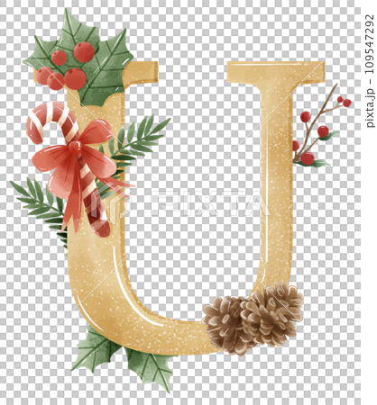 Watercolor Gold Christmas Winter forest Floral Alphabet with bell, pine, holy berry 109547292