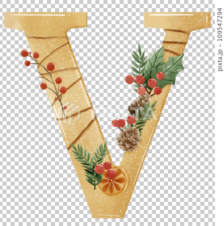 Watercolor Gold Christmas Winter forest Floral Alphabet with bell, pine, holy berry Watercolor Gold Christmas Winter forest Floral Alphabet with bell, pine, holy berry 109547294