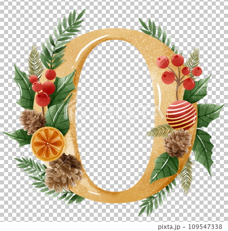 Watercolor Gold Christmas Winter forest Floral Alphabet with bell, pine, holy berry 109547338