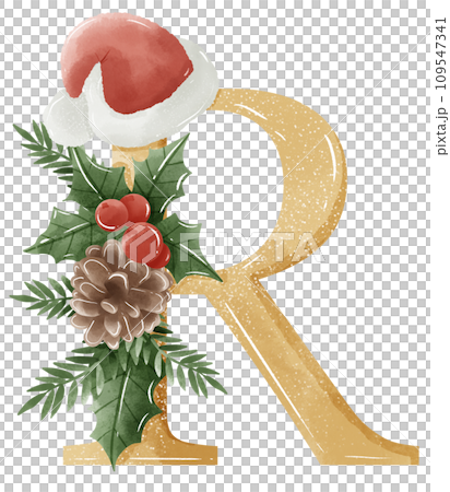Watercolor Gold Christmas Winter forest Floral Alphabet with bell, pine, holy berry 109547341