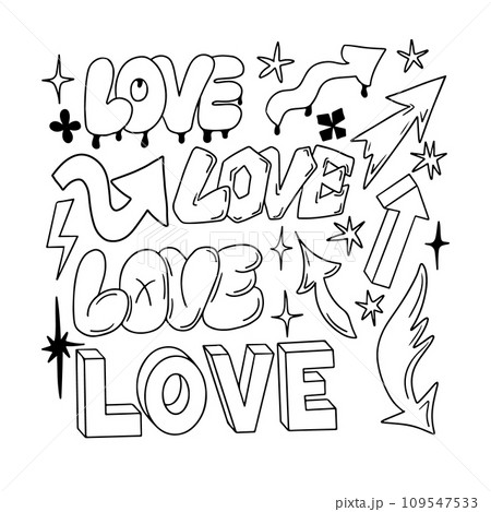 Hand drawn doodle set with word Love in 90s style Hand drawn doodle set with word Love in 90s style 109547533