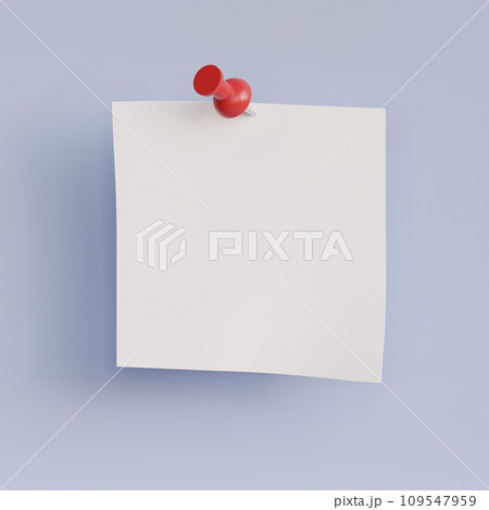 White Post-it Note with Thumbtack. Blank sheet attached to a red pushpin. 3d render illustration 109547959