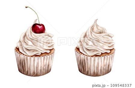 Watercolor sweets cupcake with cherry. Realistic element of design holidays or wedding pastel colors. Watercolor hand drawing illustration on isolated white background for birthday or Valentines day 109548337