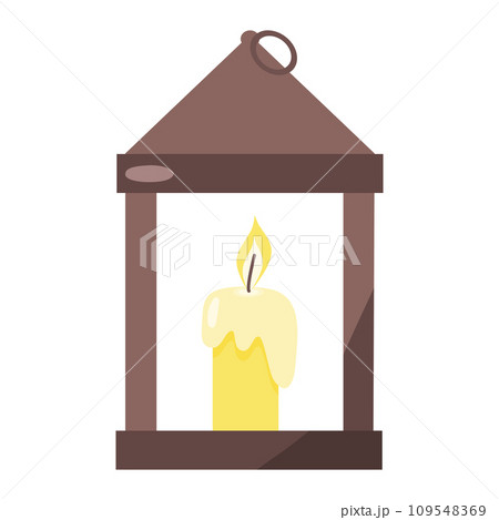 Old fashioned metal lantern with burning yellow candle, front view, flat vector 109548369