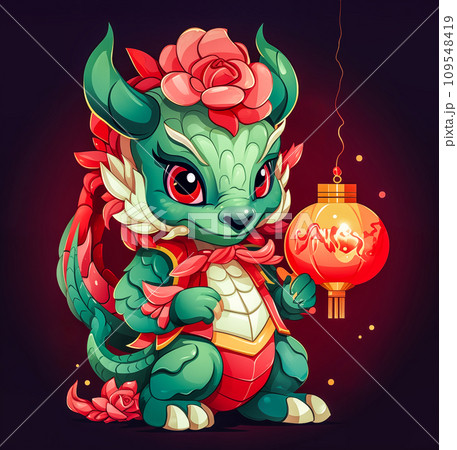 Lovely chinese dragon holding red lanterns. AI content Lovely chinese dragon holding red lanterns. AI content 109548419
