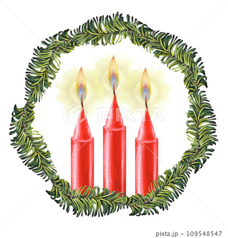 Watercolor red candles with flame in a frame of fir branches for Christmas, Candlemas, wedding, birthday, Easter, magic, memorial day, spa and holiday for invitations, cards, social posts, banners 109548547