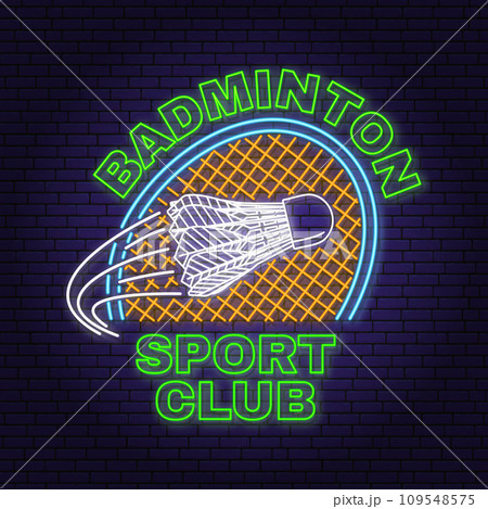 Badminton sport neon emblem, logo. Vector illustration. Vintage badminton label with racket and shuttlecock silhouettes. Concept for shirt or logo, print, stamp or advertisement. 109548575