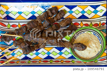 Moroccan Beef Kebab on Skewers, Traditional Arabian Food, Mutton Shashlik, Skewered Grilled Veal Meat 109548791