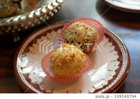 Cashew Sweet Balls, Traditional Moroccan Almond Dessert, Arabian Date Ball Cashew Sweet Balls, Traditional Moroccan Almond Dessert, Arabian Date Ball 109548794