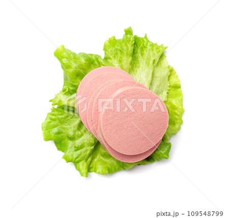 Mortadella Slice Isolated, Luncheon Meat Cut, Chicken Ham, Boiled Sausage for Breakfast 109548799