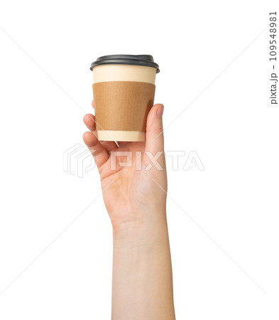 Hand Holds Cup Isolated, Empty Paper Cup in Hands, Coffee Mug, Teacup, Hot Beverage Mockup 109548981