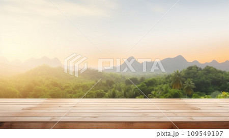 AI-generated content. empty wooden table with blurred nature background, wood desk on forest and mountains landscape mockup, ads template 109549197