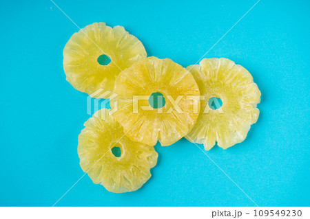 Dry Pineapple Rings Isolated, Candy Pineapples, Dehydrated Yellow Sugar Fruit, Candied Fruits Circles 109549230