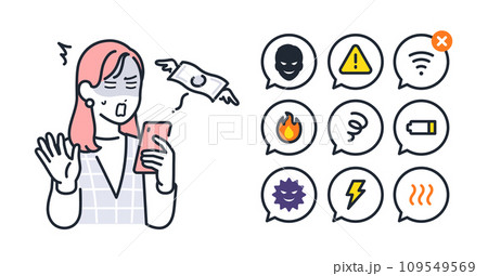 スマホトラブルと若い女性のシンプルなベクターアイコンイラストセット素材 109549569
