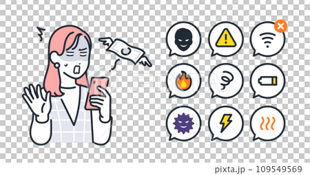 スマホトラブルと若い女性のシンプルなベクターアイコンイラストセット素材 109549569
