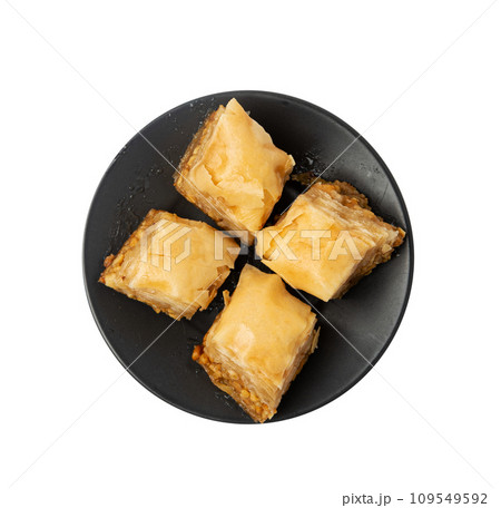 Baklava Isolated, Small Ramadan Dessert, Eastern Sweet Filo Pastries, Turkish Honey Baklawa, Oriental Desert Baklava Isolated, Small Ramadan Dessert, Eastern Sweet Filo Pastries, Turkish Honey Baklawa, Oriental Desert 109549592
