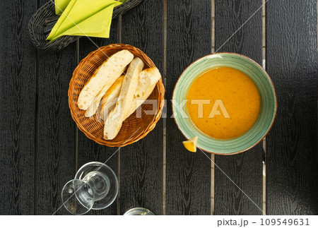 Red Lentil Soup, Yellow Cream Puree, Ramadan Food, Pumpkin Vegetarian Dish, Orange Lentil Soup in Bowl Red Lentil Soup, Yellow Cream Puree, Ramadan Food, Pumpkin Vegetarian Dish, Orange Lentil Soup in Bowl 109549631