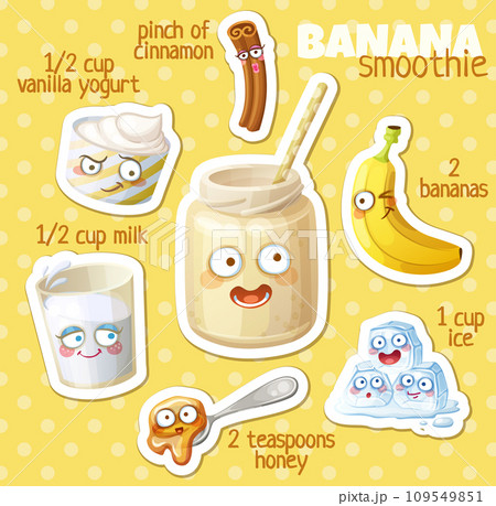 Smoothie recipe illustration with funny characters. Milkshake ingredients cartoon vector icons 109549851