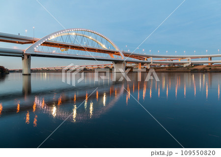 「東京都」首都高速 五色桜大橋ライトアップ 夜景 「東京都」首都高速 五色桜大橋ライトアップ 夜景 109550820