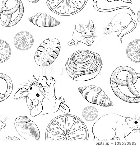 Mice, rats, oranges and pastries. Buns, croissants, rolls, pies, pretzels and other baked goods. Seamless pattern with graphic illustration. For printing on wallpaper, fabric, wrapping paper. 109550985