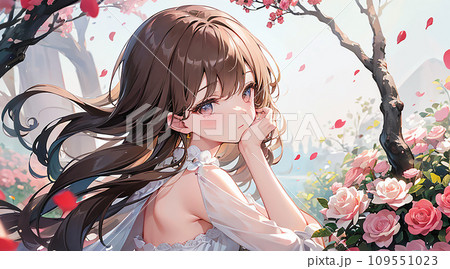 イラスト原画　葵風紗 「バラと女の子」 イラスト原画 葵風紗 「バラと女の子」 葵風紗☆人物画中心に