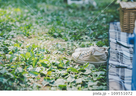 レジャーシートと脱いだ靴 109551072