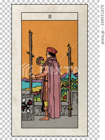 Mino⭐︎taro illustrations Rider Tarot Minor Arcana Two of Wands - Stock Illustration