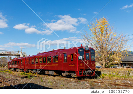 イチョウがある駅を通過する平成筑豊鉄道「ことこと列車」 109553770