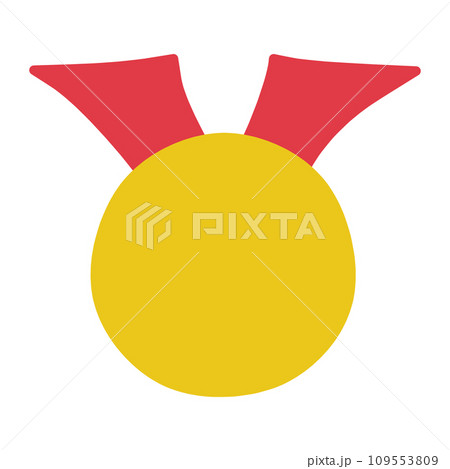 シンプルにデフォルメしたリボンと金メダルの手描き風カラーイラスト シンプルにデフォルメしたリボンと金メダルの手描き風カラーイラスト 109553809