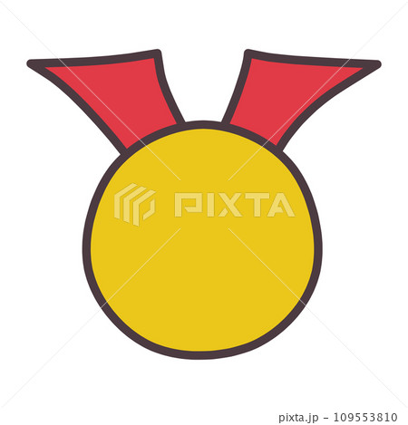 シンプルにデフォルメしたリボンと金メダルの手描き風カラーイラスト 109553810