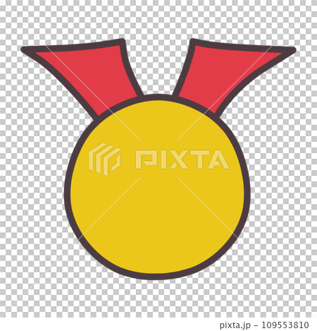 シンプルにデフォルメしたリボンと金メダルの手描き風カラーイラスト 109553810