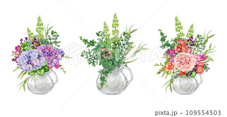 Garden flowers bouquet in white porcelain jug set. Watercolor vintage style illustration. Garden cut flowers in white ceramic vase decor. Summer tender bouquet collection. White background 109554503