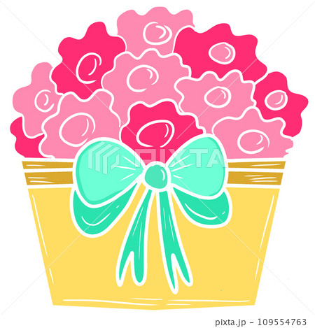 Yellow pot holds cute red and pink flowers decorated with bow Yellow pot holds cute red and pink flowers decorated with bow 109554763