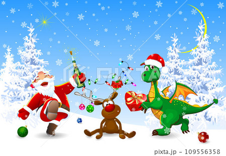 Santa, deer, and green dragon celebrate Christmas Santa, deer, and green dragon celebrate Christmas 109556358